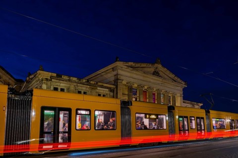 Sophienstraße Schinkelwache with DVB tram, Dresden, Saxony, Germany