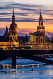 The historic old town of Dresden on the river Elbe with Ständehaus, Residenzschloss and Hofkirche.