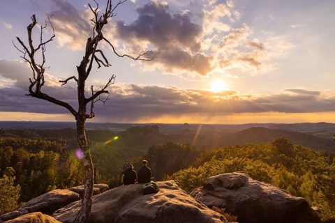 Sunset on the Carola Rock in Saxon Switzerland View of the Schrammsteine, the Königstein Fortress,