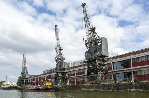 Stothert and Pitt 1950s electric cargo cranes on quayside of Floating harbour, M Shed museum,