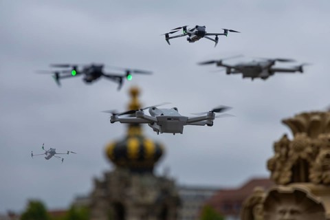 Drones in public areas can be harmless or pose a threat. Symbolic image, Dresden, Saxony, Germany