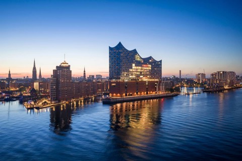 Aerial view of sunrise on the Elbe with Elbe Philharmonic Hall, Hamburg, Germany