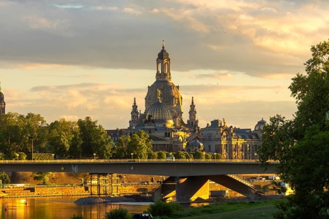 Dresden silhouette in the evening with the Church of Our Lady, Dresden, Saxony, Germany