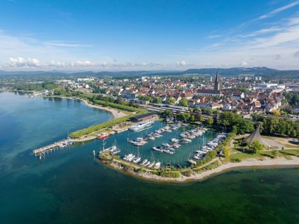 Aerial view of the town of Radolfzell on Lake Constance with the Wäschbruckhafen, harbour pier and