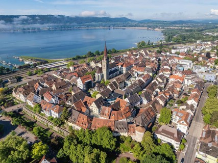 Aerial view of the historic old town of Radolfzell am Lake Constance with the Münster, Konstanz