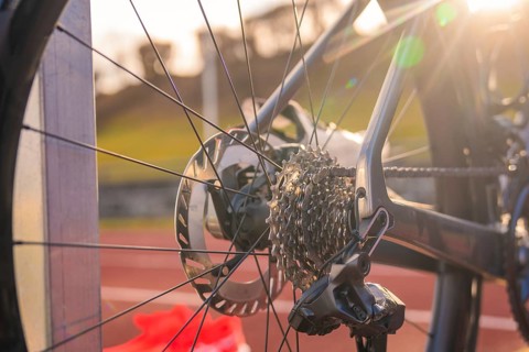 Close-up view of a bicycle cog on a racetrack in sunshine, triathlon bicycle, Calw, Germany