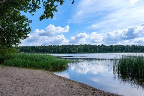 Sandy beach beach with a view of a calm lake and cloudy sky, Nakenstorf, Neuklostersee,