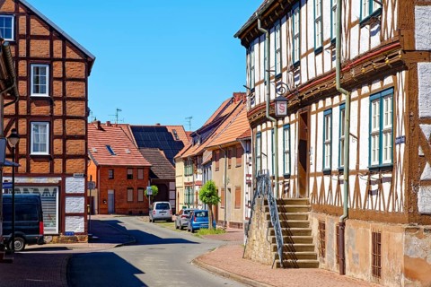 Half-timbered houses in the old town of Oebisfelde in the UNESCO Biosphere Reserve Drömling