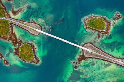 Aerial view of a bridge between islands, Fredvang, Lofoten, Norway