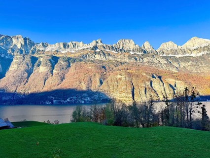 Mountain landscape with lake and green meadows in the foreground, illuminated by the sun, Lake