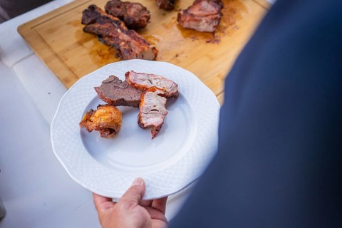 Meat pieces on a plate, fresh from the grill with roasted aromas, wedding, Grossglattbach, Germany