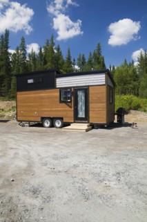 Contemporary brown stained pine and grey oak wood shingles clad cottage style 8 x 24 foot sloped