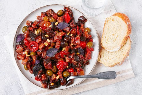 A plate of Sicilian caponata, vegetable stew, Italian cuisine, homemade, no people