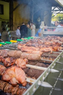 Juicy pieces of meat on skewers, barbecue party, people in the background, wedding, Grossglattbach,
