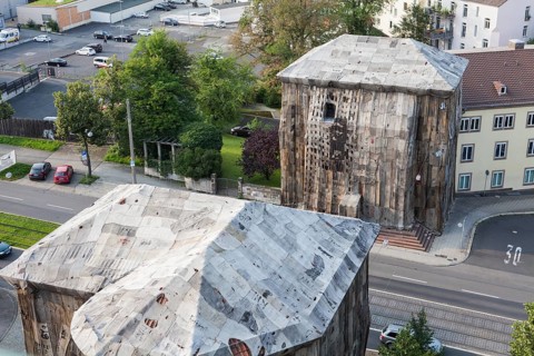 Torwache wrapped with old jute sacks, Check Point Sekondi Loco, by artist Ibrahim Mahama, documenta