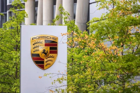 Porsche logo. Porsche Center Stuttgart. Stuttgart, Baden-Württemberg, Germany