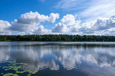 Calm lake with reflection of the clouds in the clear water, Nakenstorf, Neuklostersee,
