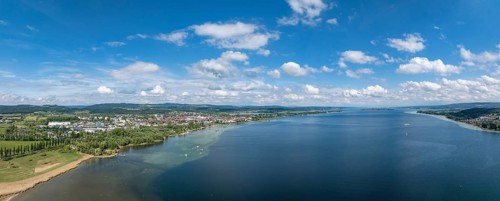 Aerial view, panorama of the town of Radolfzell on Lake Constance, on the horizon the Mettnau
