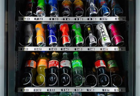 Vending machine for soda, soft drinks, sugary, bottles and cans, Fanta, Coca-Cola, Sprite, Red
