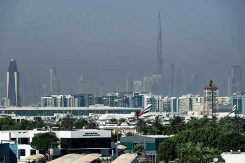 Skyline with Burj Khalifa and Emirates Airbus A380-800 aircraft, Dubai, United Arab Emirates, UAE