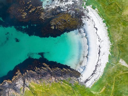 Aerial view, white sandy beach with turquoise water, fishing village Hovden, Langøya island,