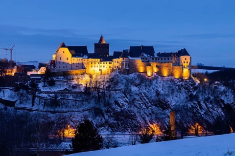 Mildenstein Castle at the blue hour in winter