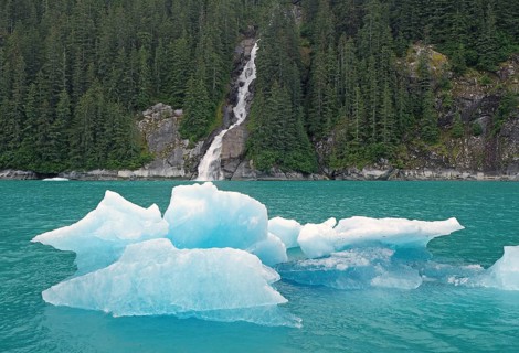 Small icebergs in front of waterfall, green water, Tracy Arm Fiord, Tongass National Park, Juneau,