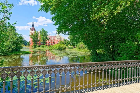 The New Castle in Pückler Park. Fürst-Pückler-Park Bad Muskau, Polish Park Muzakowski, is a