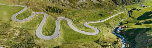 Winding curves of the Julier mountain pass, aerial view, Switzerland