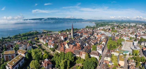 Aerial view, panorama of the historic old town of Radolfzell am Lake Constance with the cathedral,