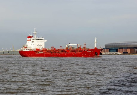 'Tequila' oil chemical tanker ship in River Mersey estuary arriving in Liverpool, England, UK