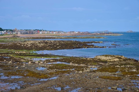 Coastal view with rocks and a city in the background under blue sky, North Berwick, East Lothian,