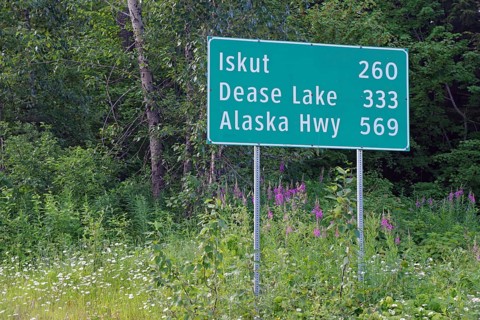 Huge distances between small towns, forest and distance sign, wilderness, Iskut, Stewart, Stewart