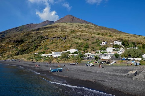 Black volcanic beach near Stromboli, island of Stromboli, Lipari Islands, Italy