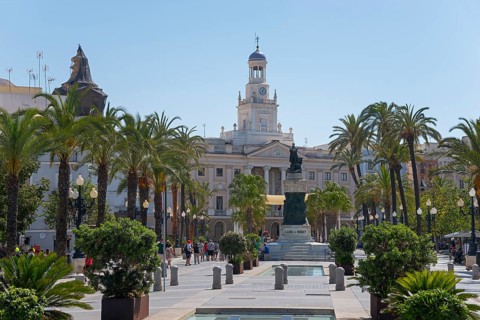 Town square with monument in the foreground, surrounded by palm trees, in front of a large,