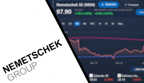Nemetschek logo is displyed on smartphone. Nemetschek Group is a vendor of software for architects