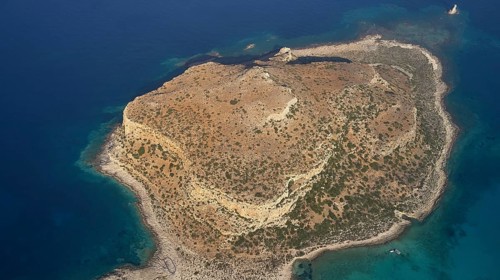 Drone shot, entire island of Tigani, Gramvoussa peninsula, Pirate Bay, Balos, Tigani, West Crete,