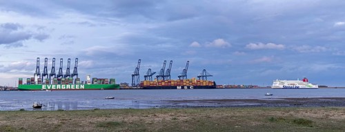 Stena Line ferry passes Felixstowe container port, Harwich, England, United Kingdom