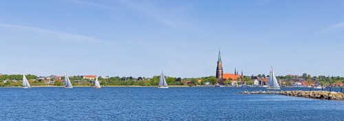 Panoramic photo, church, St. Peter's Cathedral, sailboats, Schleswig, Schlei, Schleswig-Holstein,
