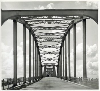 Germany, Northern Germany, bridge, symmetrical view of a wide steel bridge extending into the