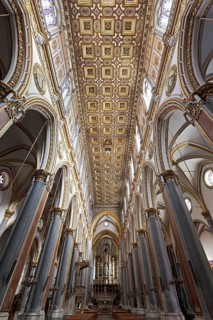 San Domenico Maggiore church, interior with baroque coffered ceiling, historic old town, Naples,