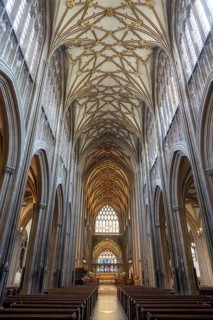 Medieval Gothic design high vaulted ceilings, interior of St Mary Redcliffe church, Bristol,