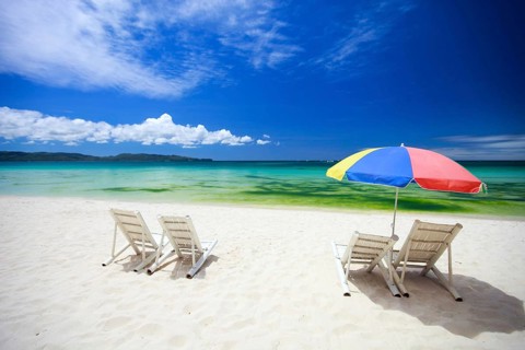 Beach with sunshade and deckchair, Asia, Philippines, Boracay island, palm beach, beach, cumulus