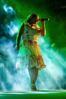 Woman dressed in floral patterns sings on stage in fog surrounded by expression and lights, a band