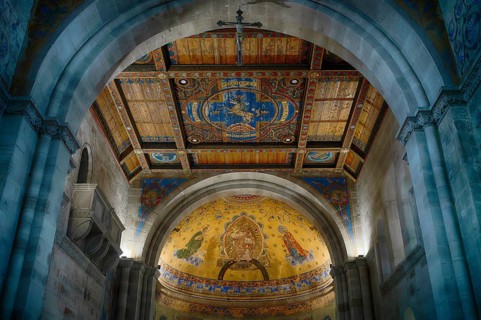 Interior view of choir room, ceiling fresco, wooden ceiling with heraldic unicorn, St. John's