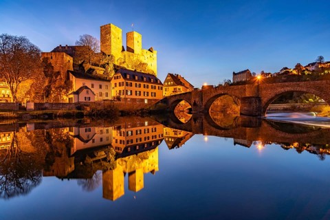 Runkel Castle over the Lahn at dusk, Runkel, Hesse, Germany