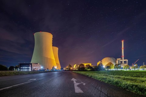 Nuclear power plant night Grohnde Germany