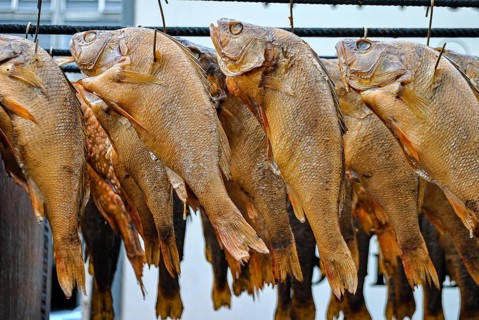 Dried fish hangs in the market, Kaunas, Lithuania, Dried fish hanging in rows at an outdoor market