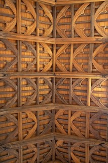 Wooden ceiling, interior view, St Mary's Church, Bibury, The Cotswolds, England, Great Britain