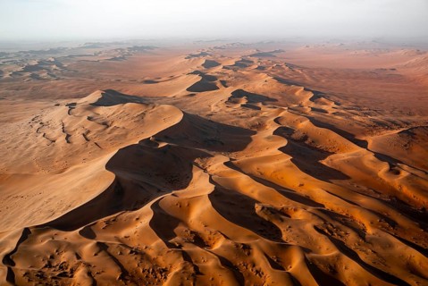 Aerial view, evening mood, red sand dunes of the Namib Desert, Namib Naukluft Park, Namibia